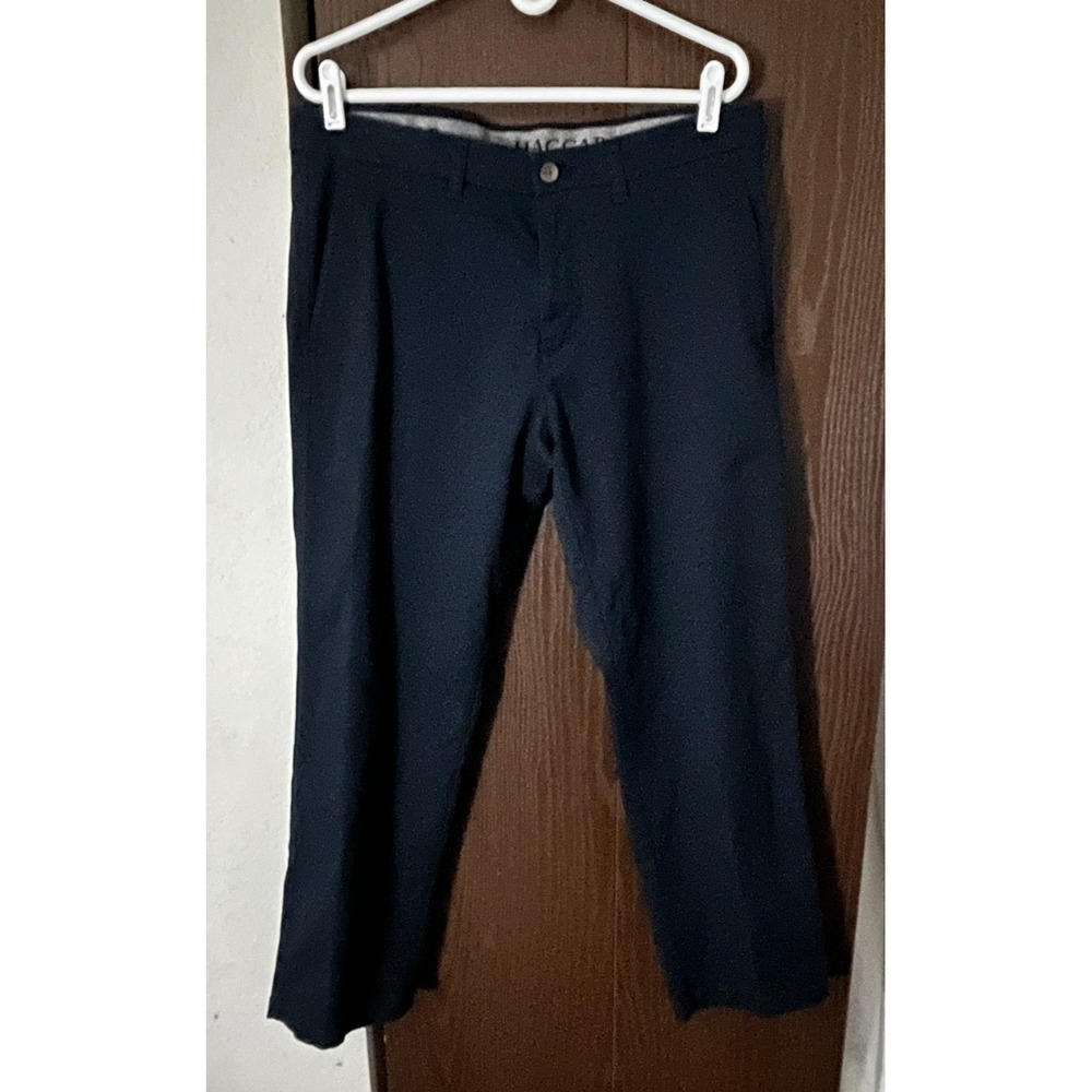 HAGGAR Dress Pants Mens 34x29 Black Straight Fit Stretch Slacks Rise 13